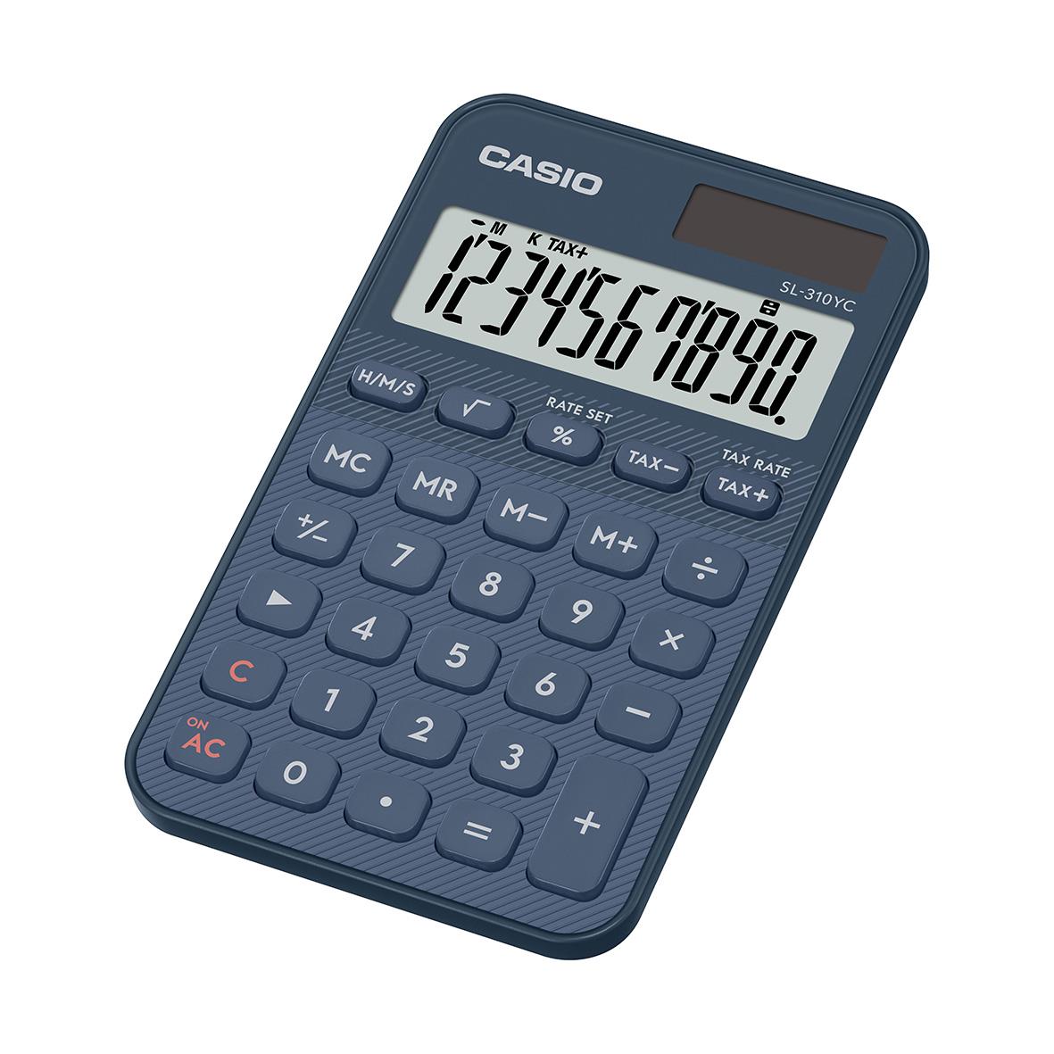 Blå Casio SL-310YC bordsräknare med stor display och knappar för kalkylering