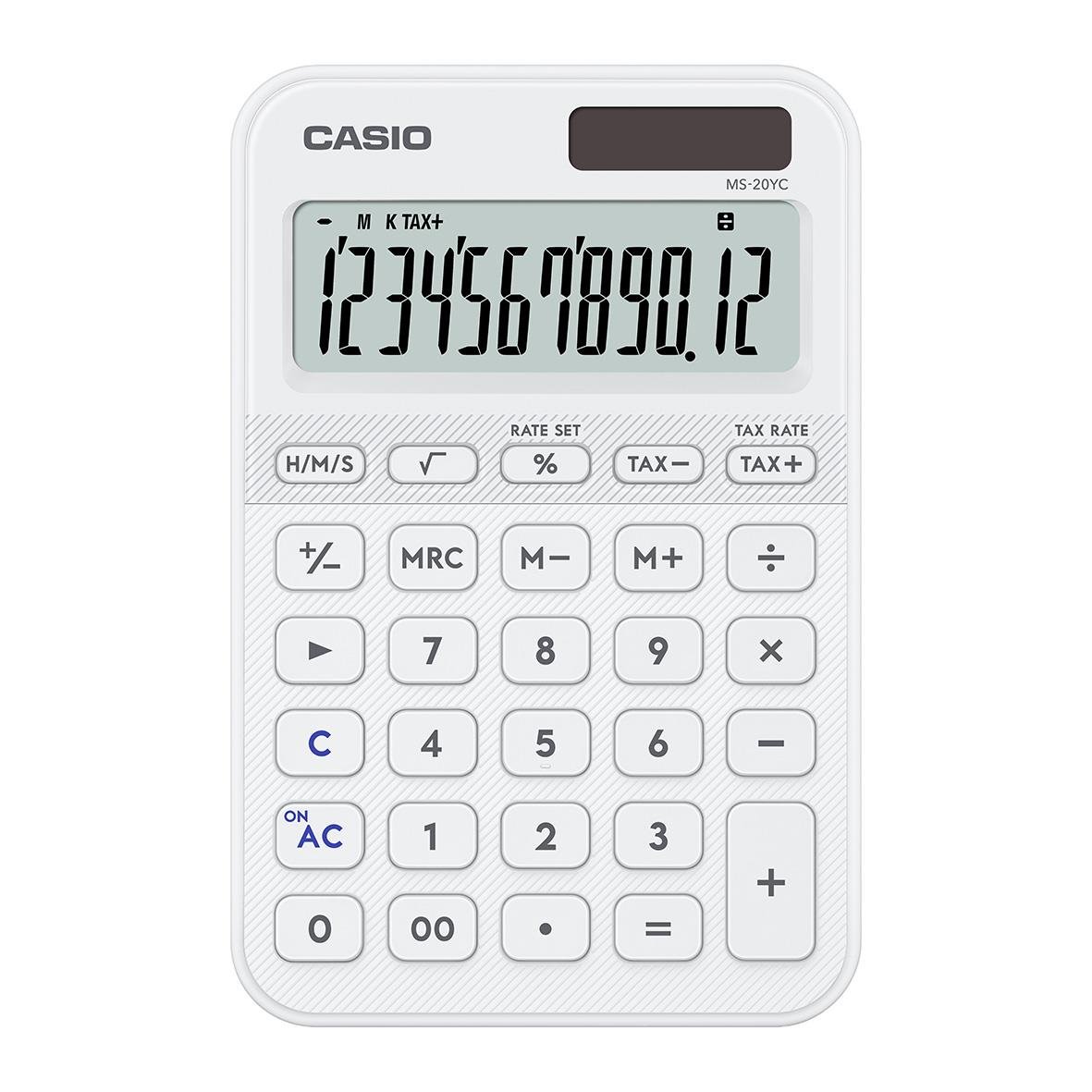 Vit bordsräknare Casio MS-20YC med stor display och knappar för kalkylering