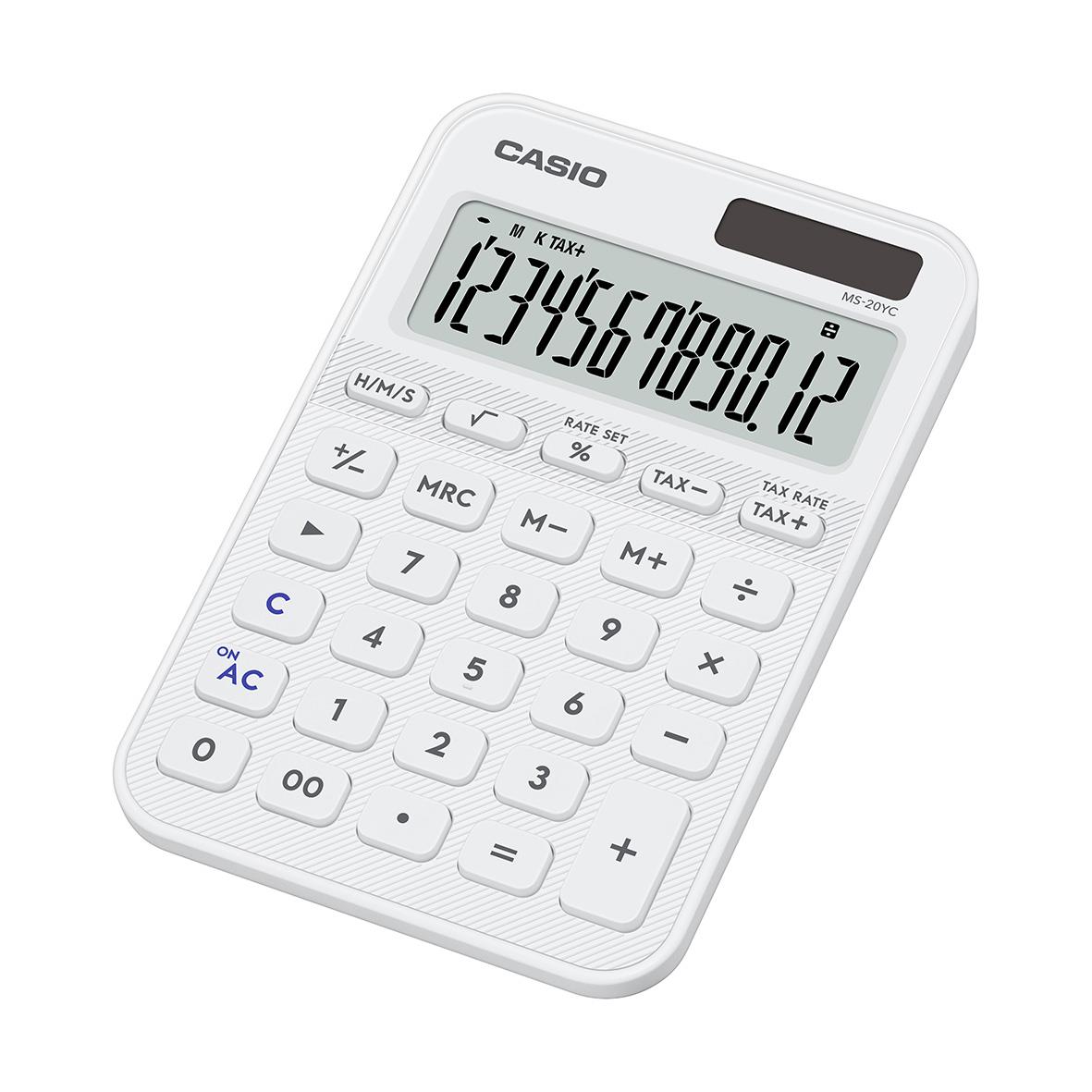 Vit Casio MS-20YC bordsräknare med stor display och många funktioner