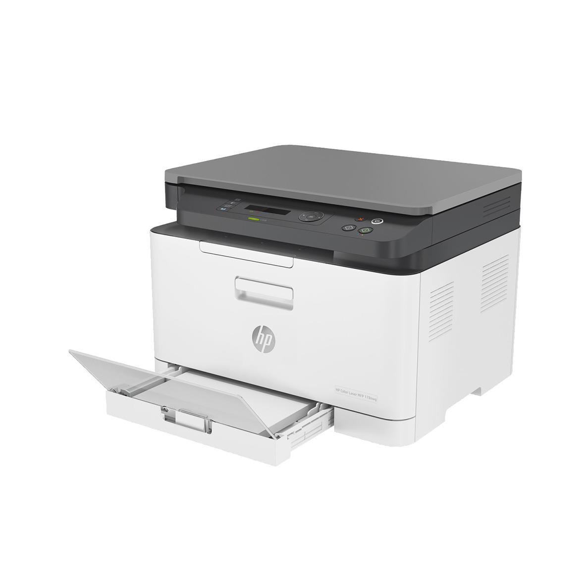 HP Color LaserJet MFP 178nw laserskrivare med skärm och pappersutmatning