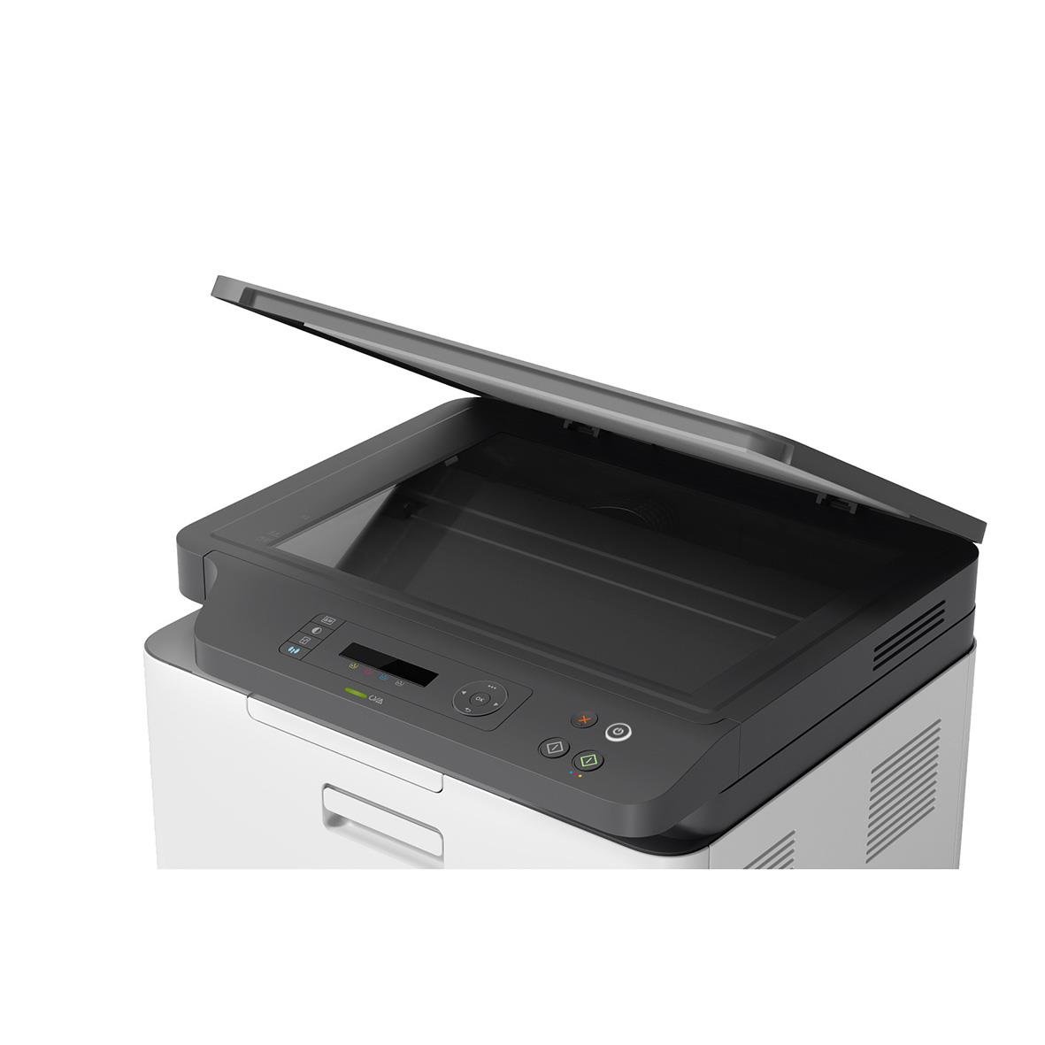 HP Color LaserJet MFP 178nw laserskrivare med öppen lock och kontrollpanel