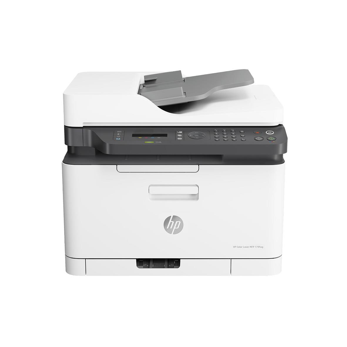 HP Color Laser 179fnw multifunktionsskrivare i vitt och svart med skärm och pappersfack