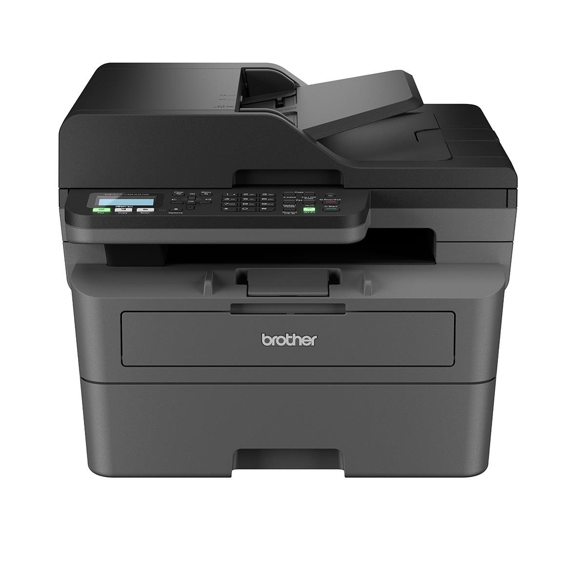 Svart och grå multifunktionsskrivare Brother MFC-L2800DW med skärm och pappersfack