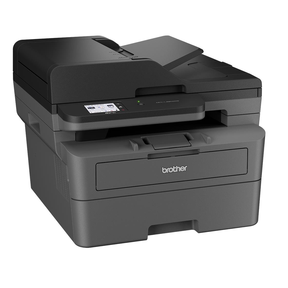 Multifunktionsskrivare Brother MFC-L2860DW i svart och grått med skärm och pappersfack