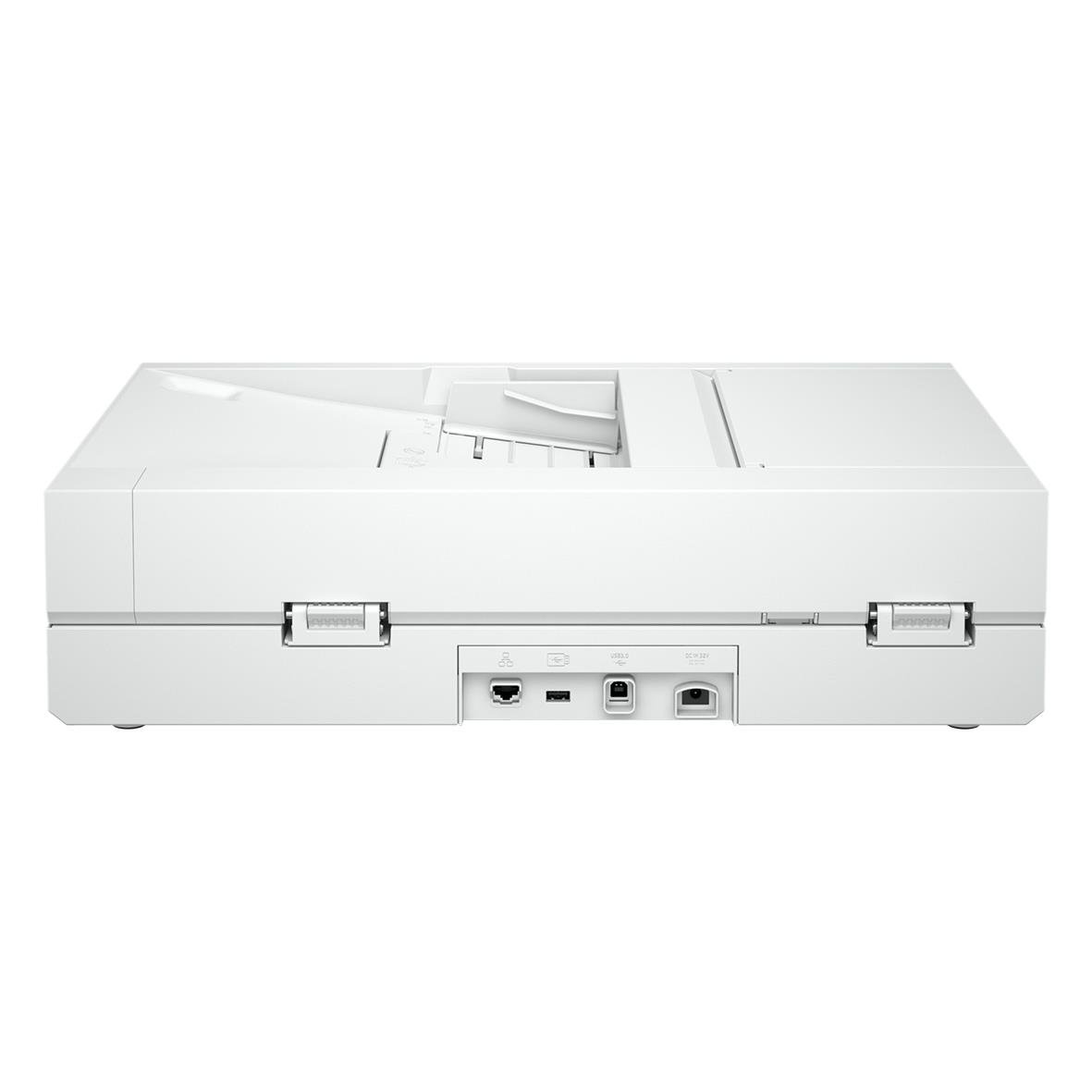 HP ScanJet Pro N4600 skanner sett framifrån med öppet dokumentfack och anslutningar