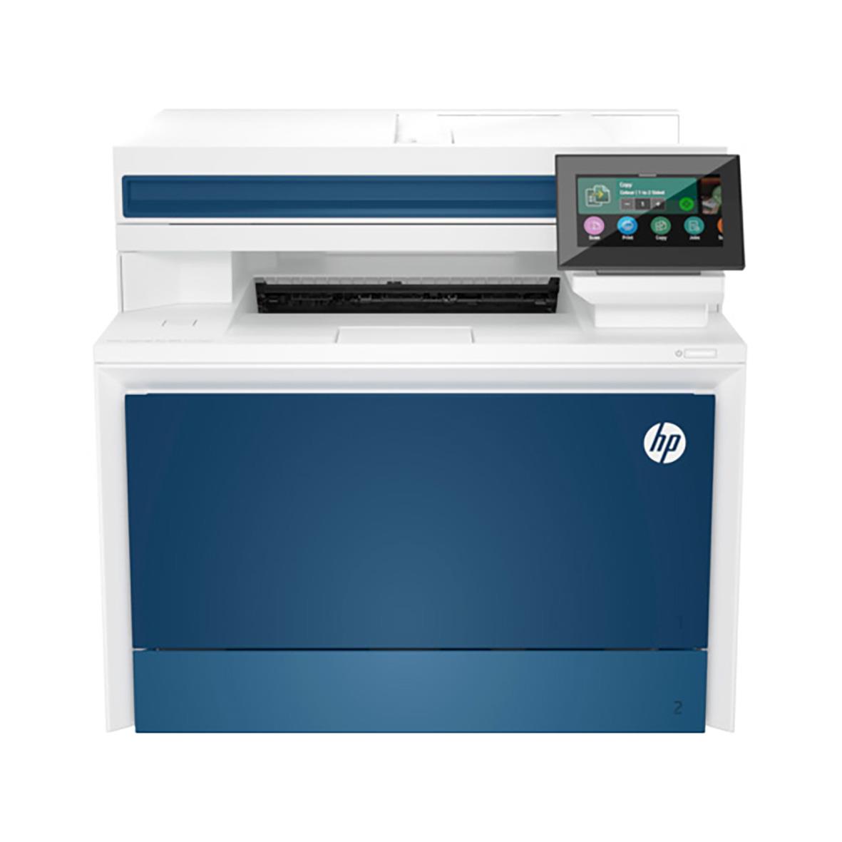 Multifunktionsskrivare HP Color LaserJet MFP 4302fdw i vitt och blått med pekskärm