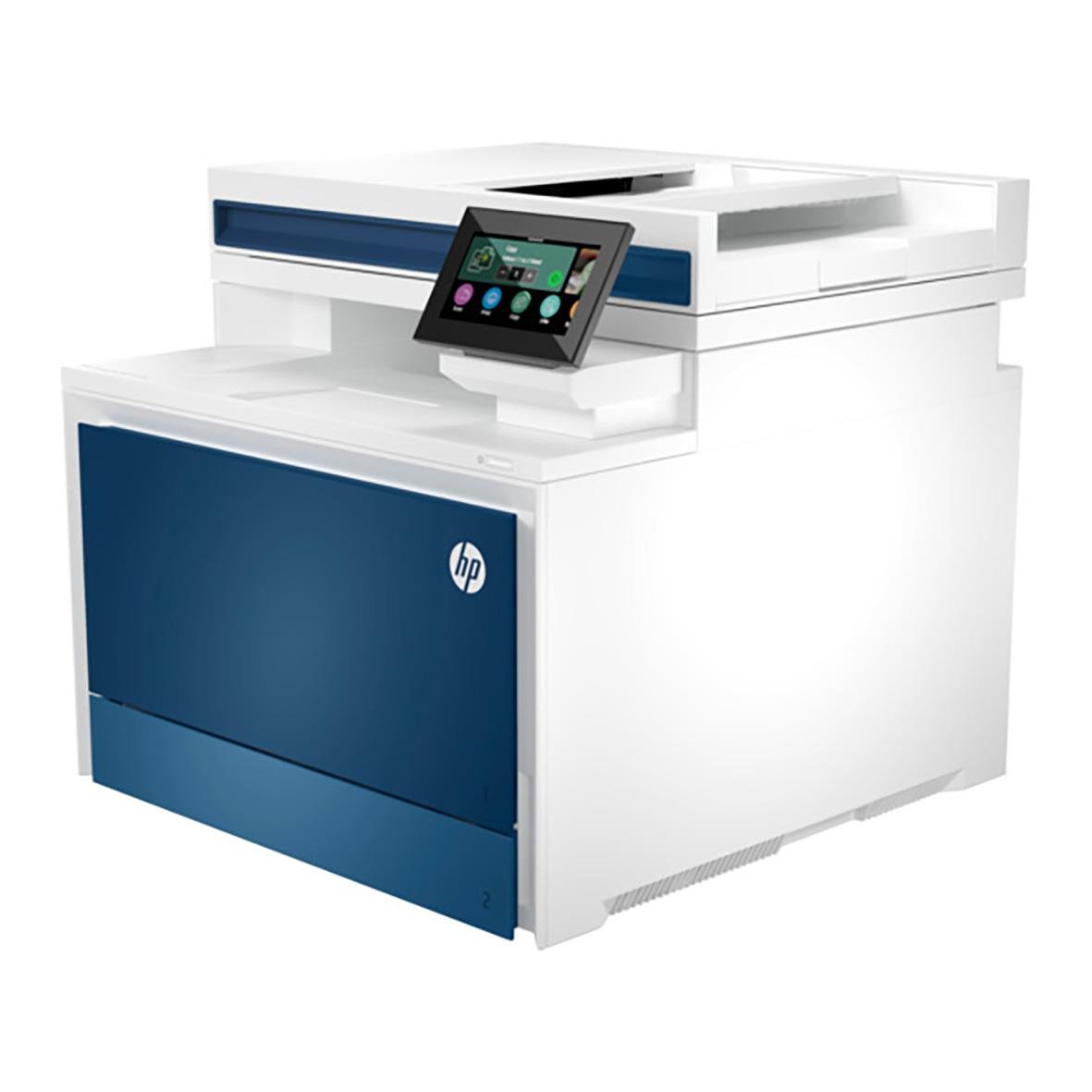 HP Color LaserJet MFP 4302fdw multifunktionsskrivare i vitt och blått med pekskärm