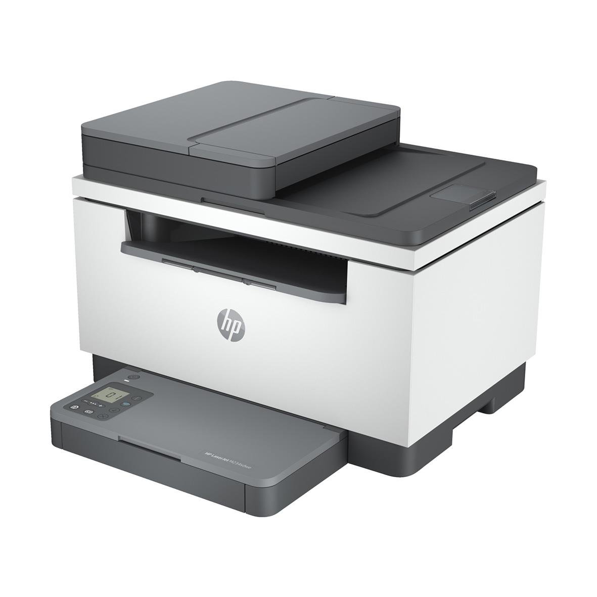 Multifunktionsskrivare HP LaserJet MFP M234sdw i vitt och grått med skärm och utskriftsfunktion