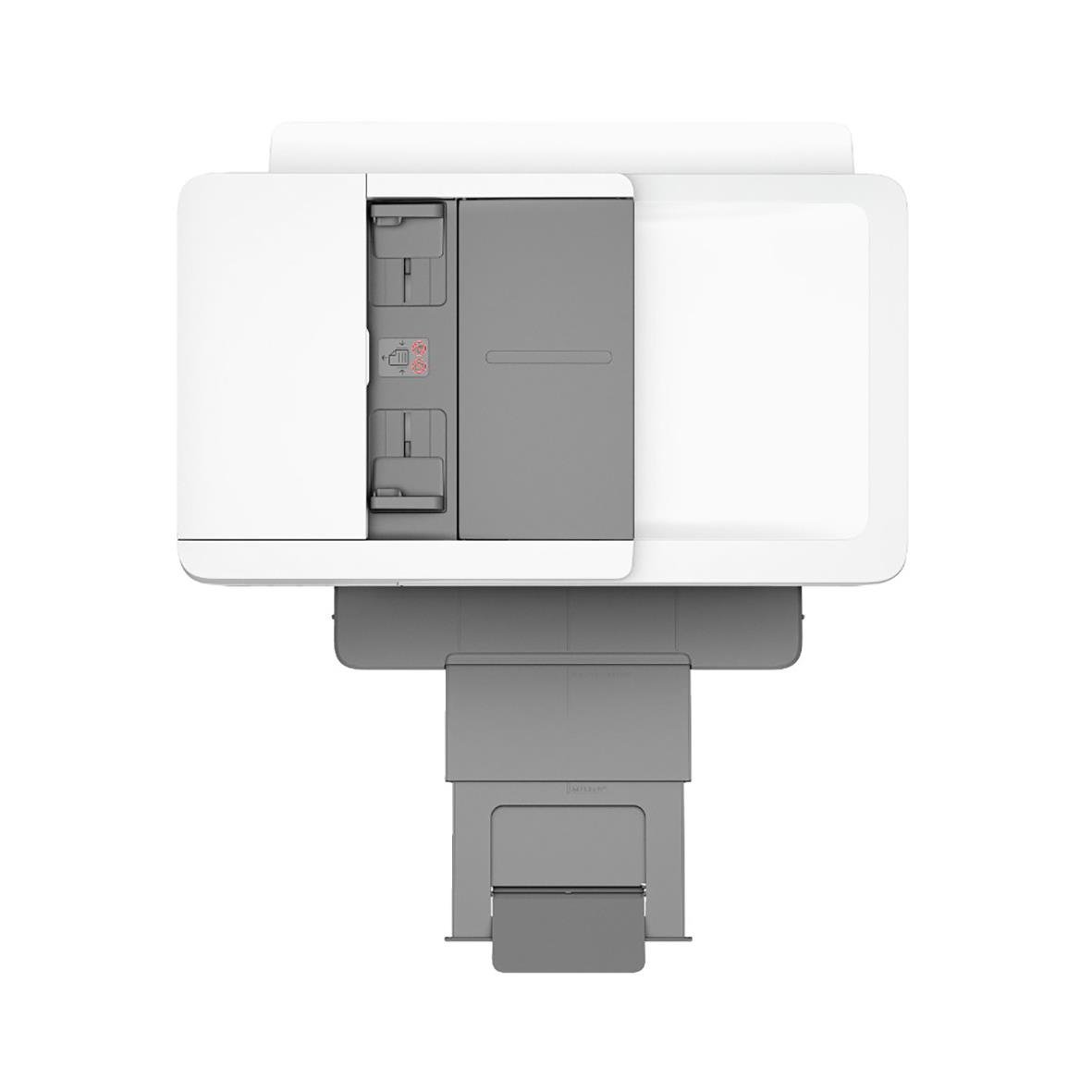 Multifunktionsskrivare HP OfficeJet Pro 9720e i vitt och grått, visar utskrifts- och kopieringsfunktioner