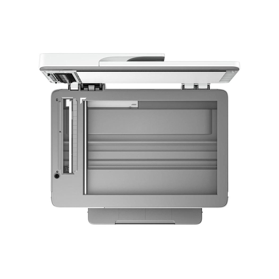 HP OfficeJet Pro 9730 multifunktionsskrivare sedd uppifrån med öppet skannerlock