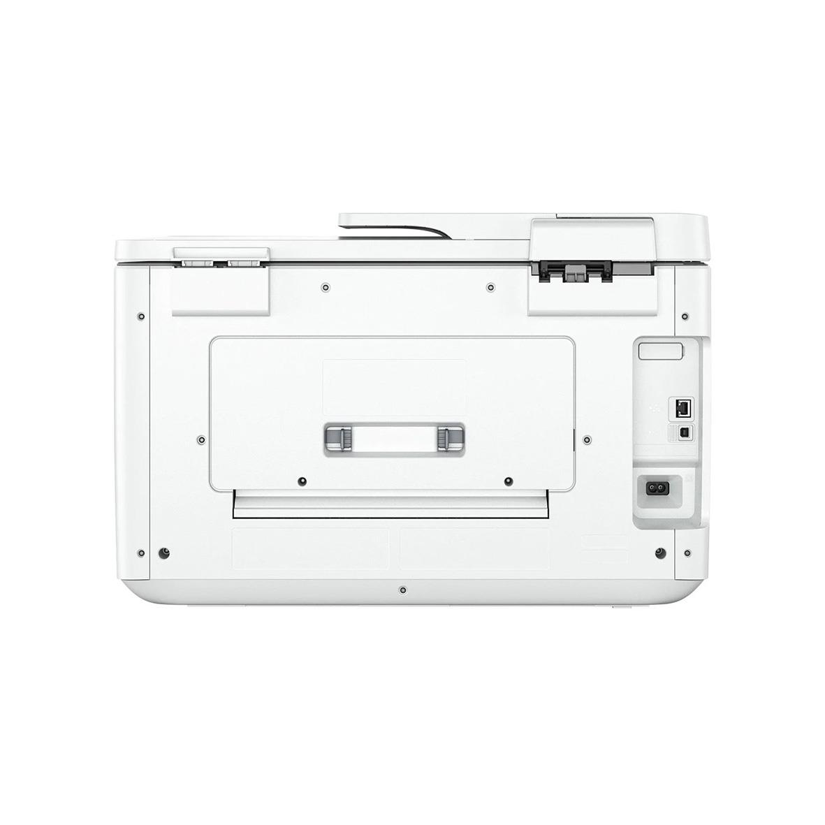 Baksidan av multifunktionsskrivaren HP OfficeJet Pro 9730 i vit design