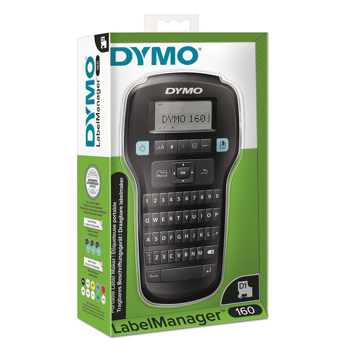 Dymo LabelManager 160 märkmaskin i svart och grönt med tangentbord och display