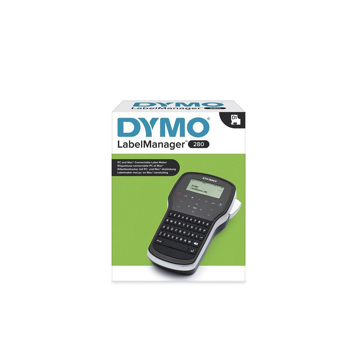 Dymo LabelManager 280 märkmaskin i förpackning med svart och grå design