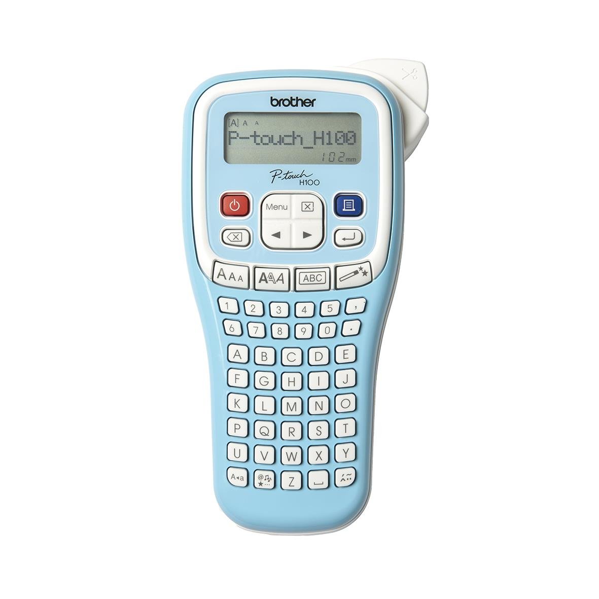 Märkmaskin Brother PT-H100 med tangentbord och LCD-skärm i vitt och blått