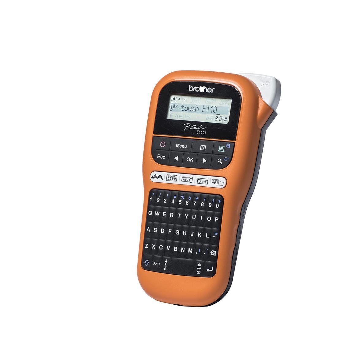 Märkmaskin Brother PT-E110VP i orange med tangentbord och skärm