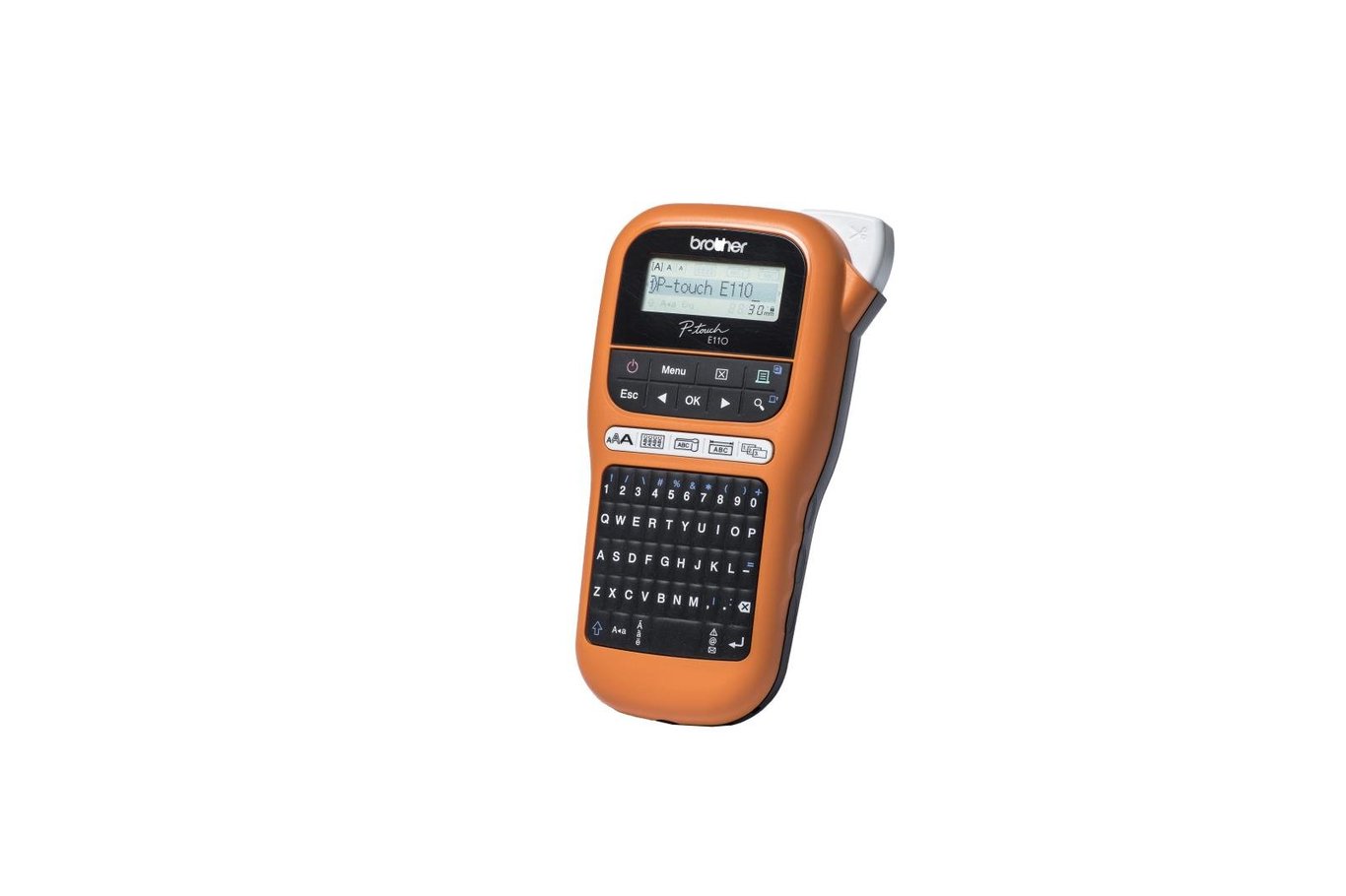 Märkmaskin Brother PT-E110VP i orange med tangentbord och skärm