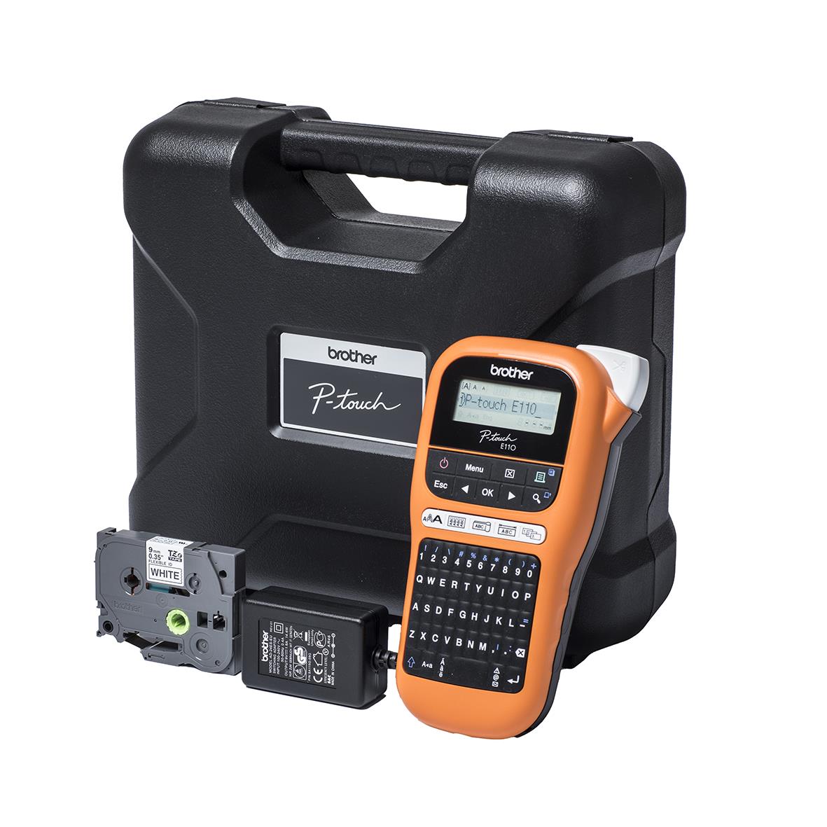 Märkmaskin Brother PT-E110VP med tillbehör i svart väska
