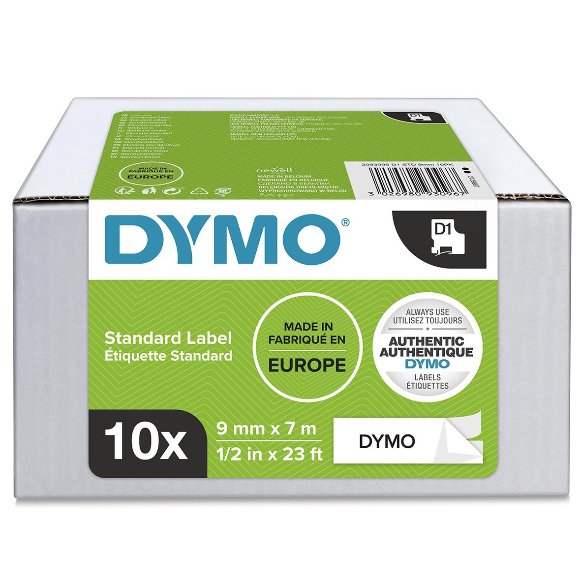 Förpackning med 10 Dymo D1 märkband 9mm x 7m svart/vit