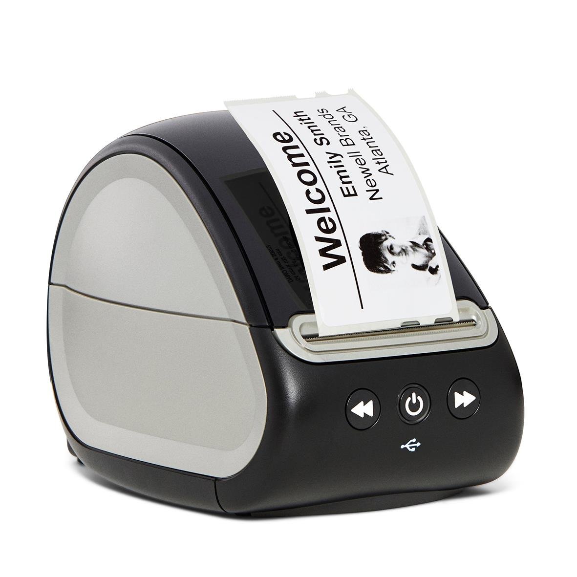Dymo LabelWriter 550 etikettskrivare som skriver ut en etikett med texten Welcome