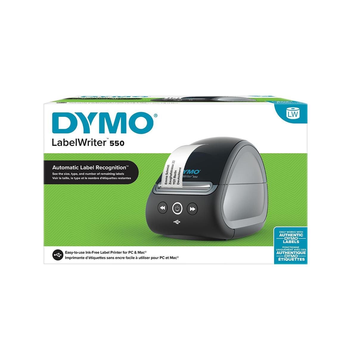 Dymo LabelWriter 550 etikettsskrivare i förpackning med grönt och vitt design