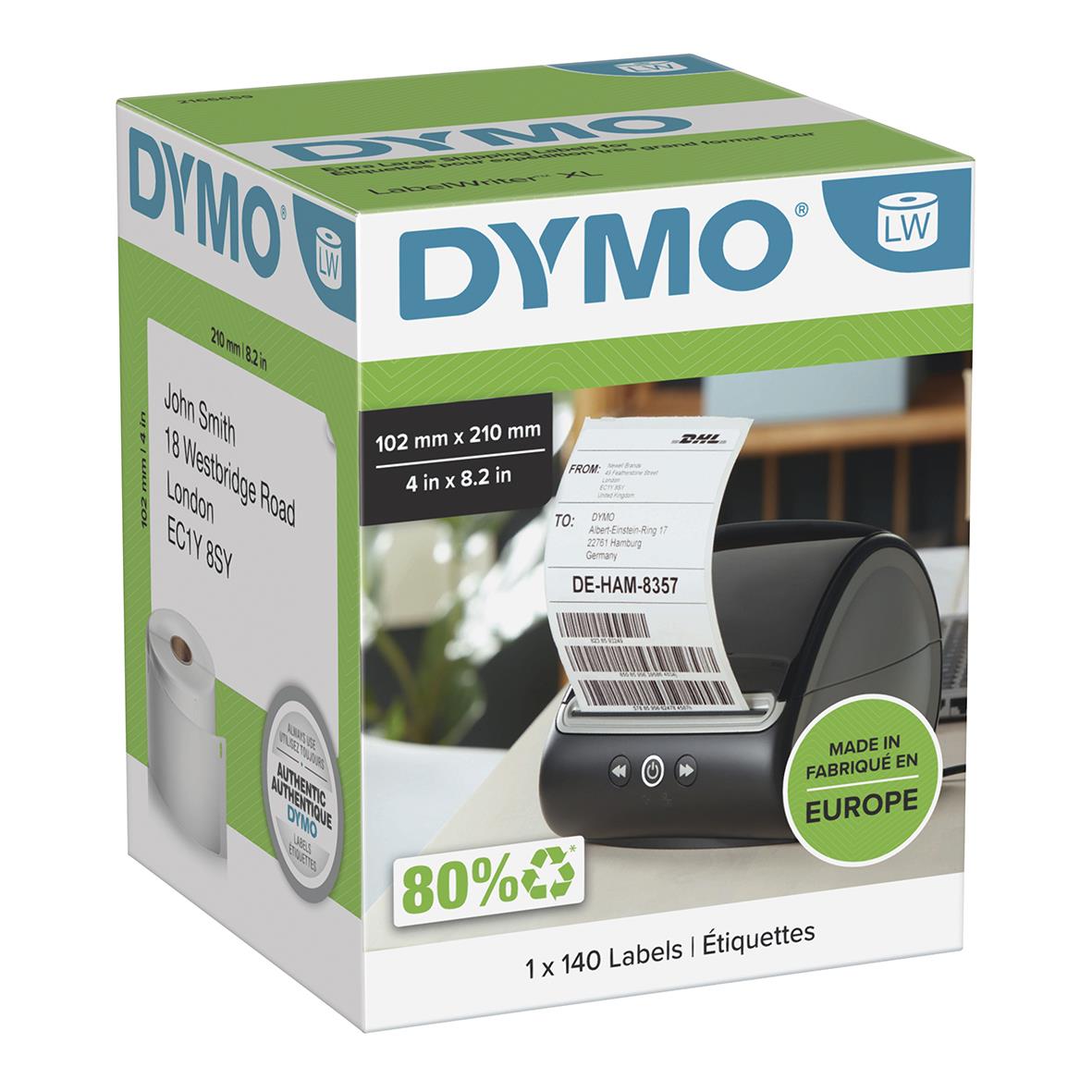 Dymo etikett för DHL, Bring, Postnord, vit 102x210mm, 140 etiketter per rulle
