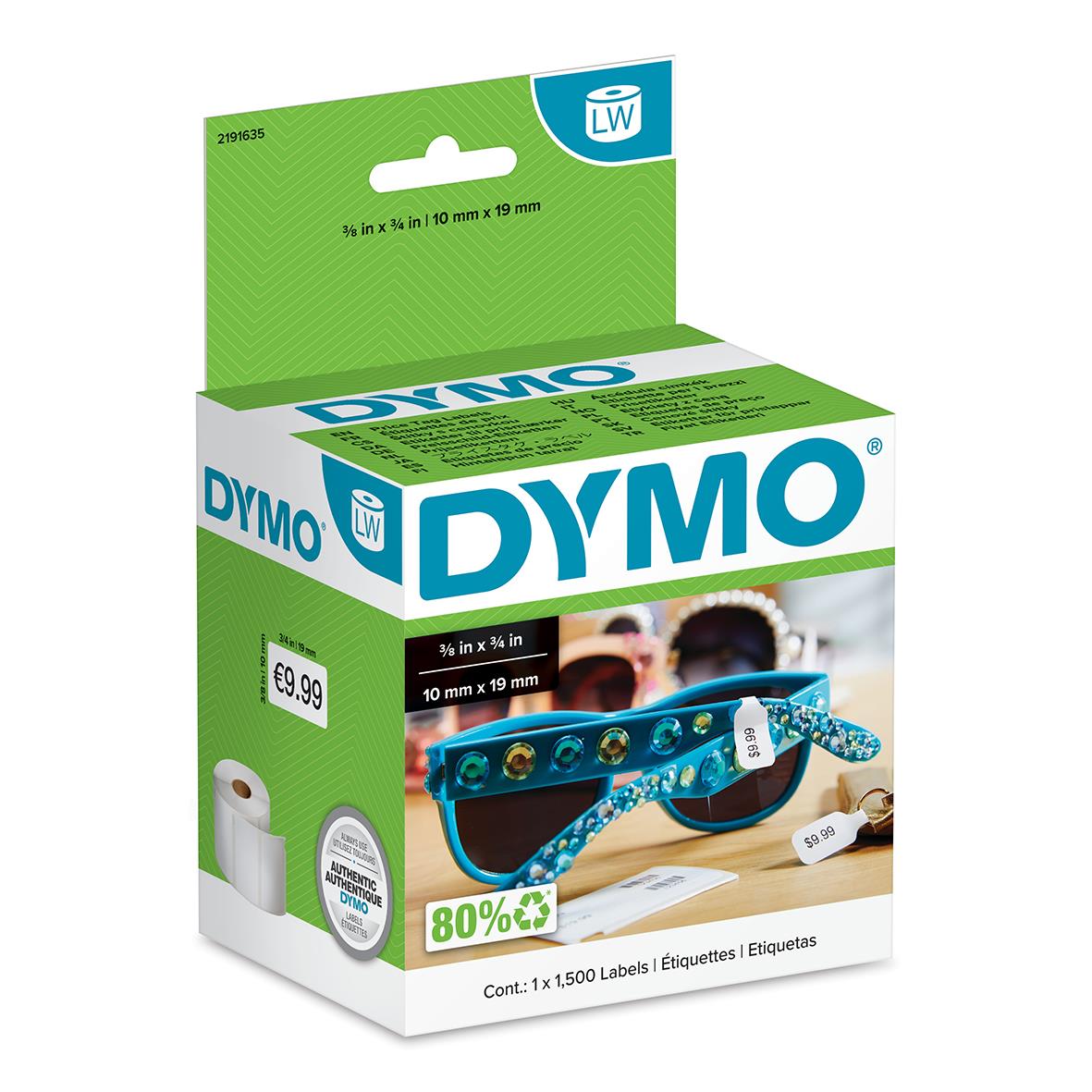 Dymo etikett för prisetiketter 19x10mm, grönt och vitt, med 1500 etiketter per förpackning