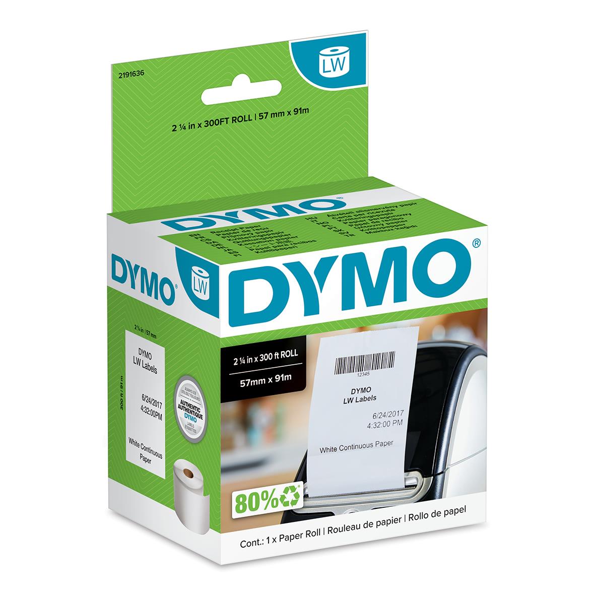 Dymo etikettroll för skrivare, 57mm x 91m, kvittopapper, förpackning