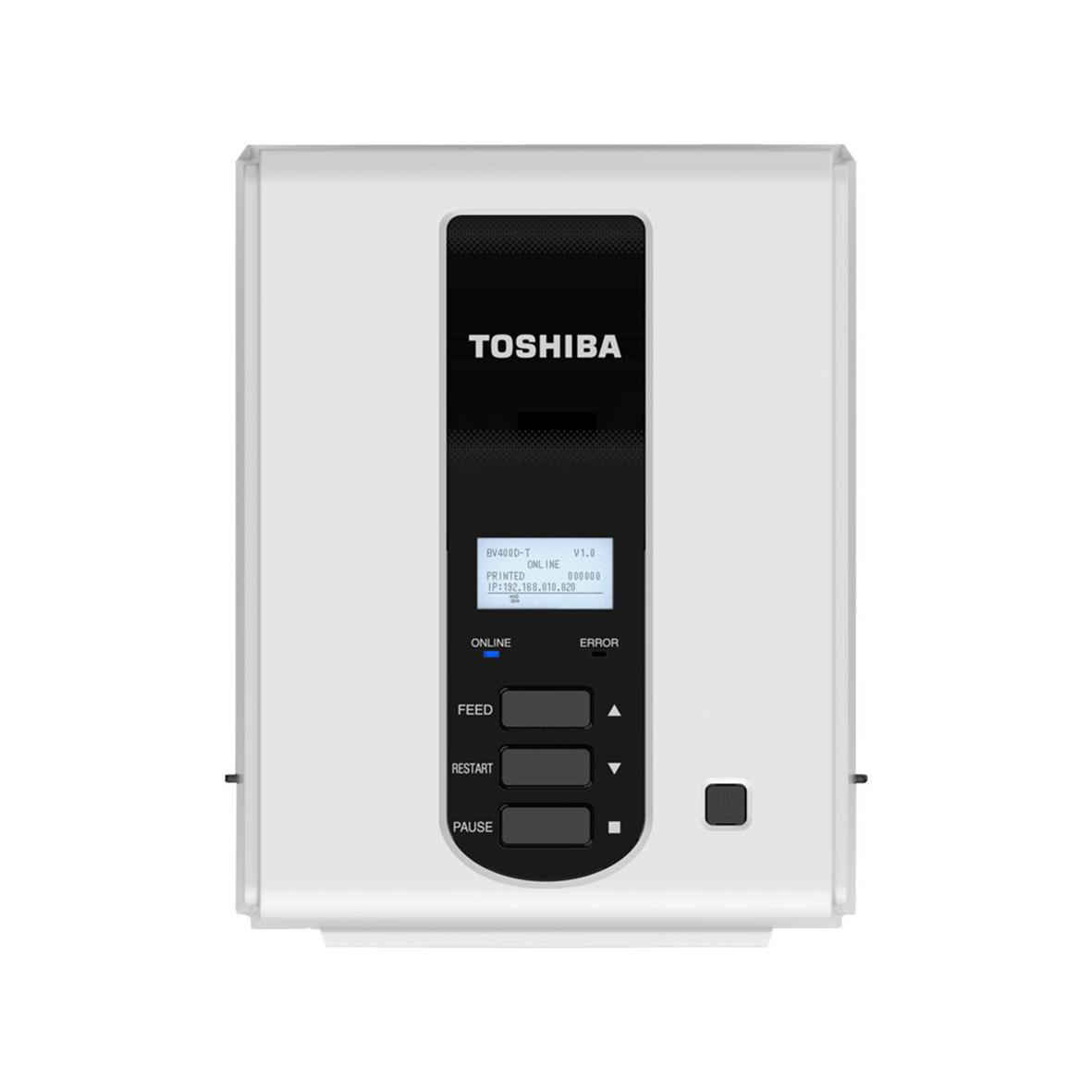 Toshiba BV410D-GS02-QM-S etikettsskrivare med digital display och knappar för kontroll