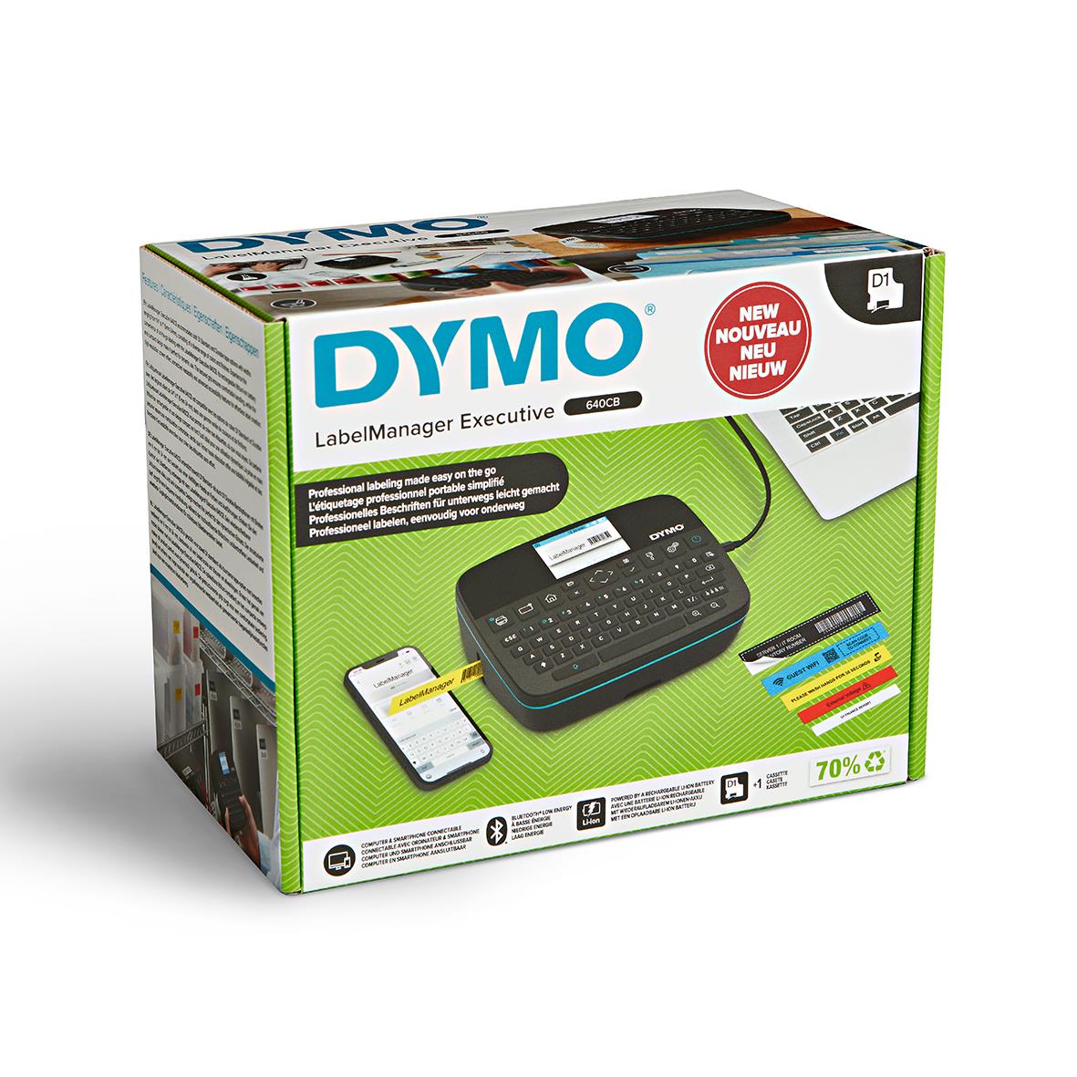 Dymo Excutive LabelManager 640 CB märkmaskin i förpackning med tangentbord och etikettutskrift