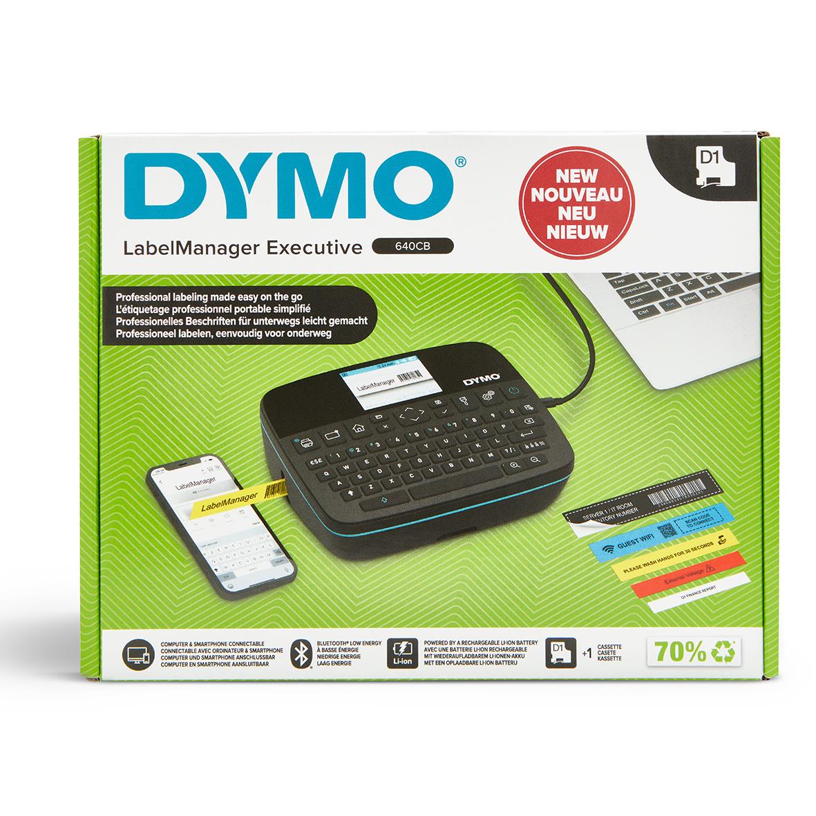 Dymo Excutive LabelManager 640 CB märkmaskin med tangentbord och smartphone på grönt bakgrund