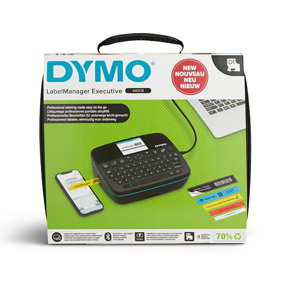 Dymo LabelManager Executive skrivare med tillbehör och etiketter i förpackning