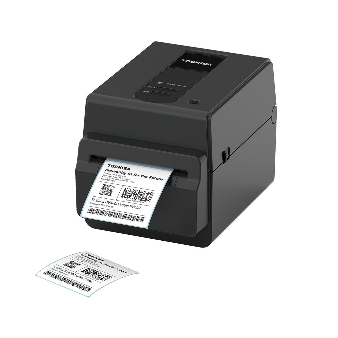 Toshiba BV420D etikettsskrivare som skriver ut svarta direkttermiska etiketter