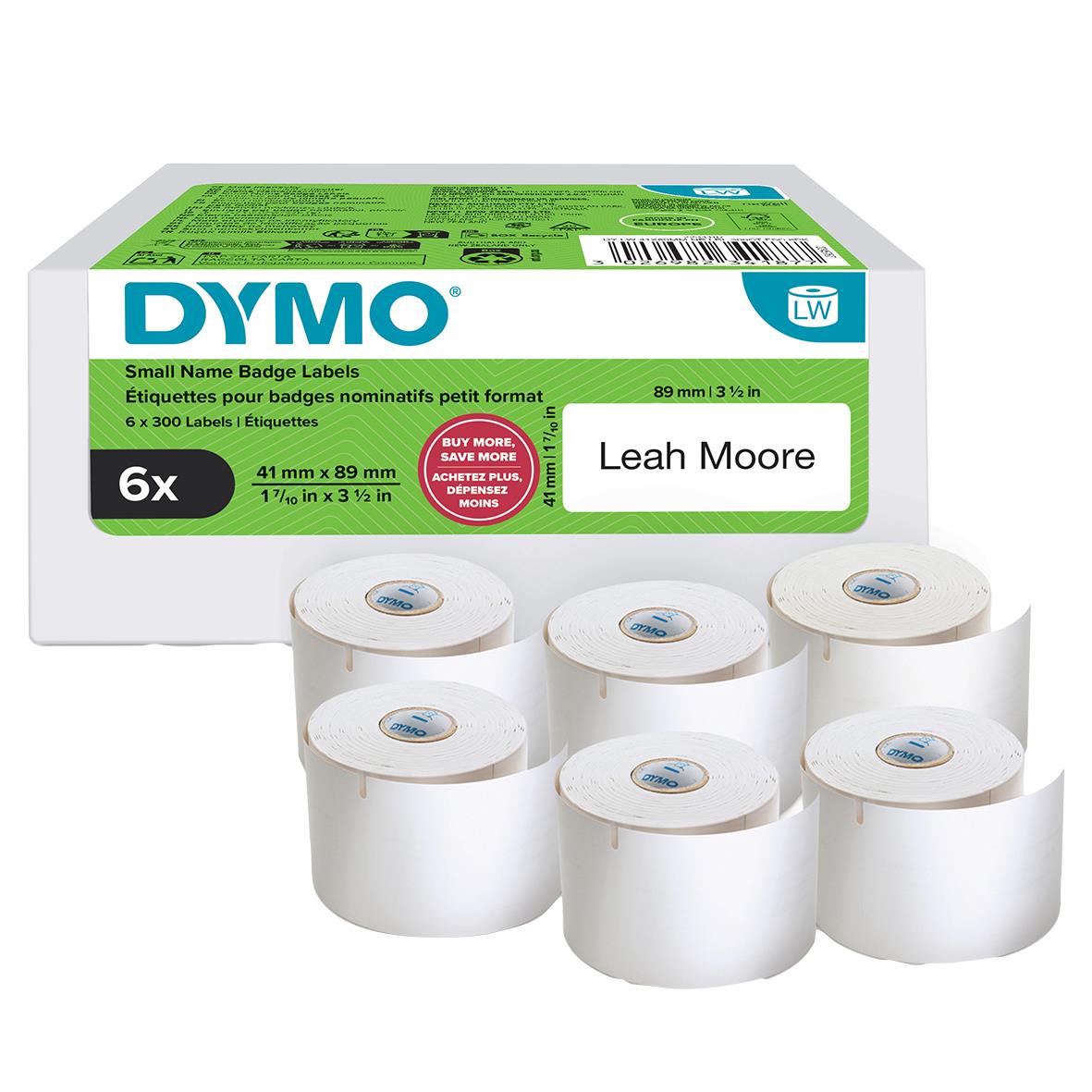 Dymo etikettband för namnskylt 41x89mm vit, 6 rullar