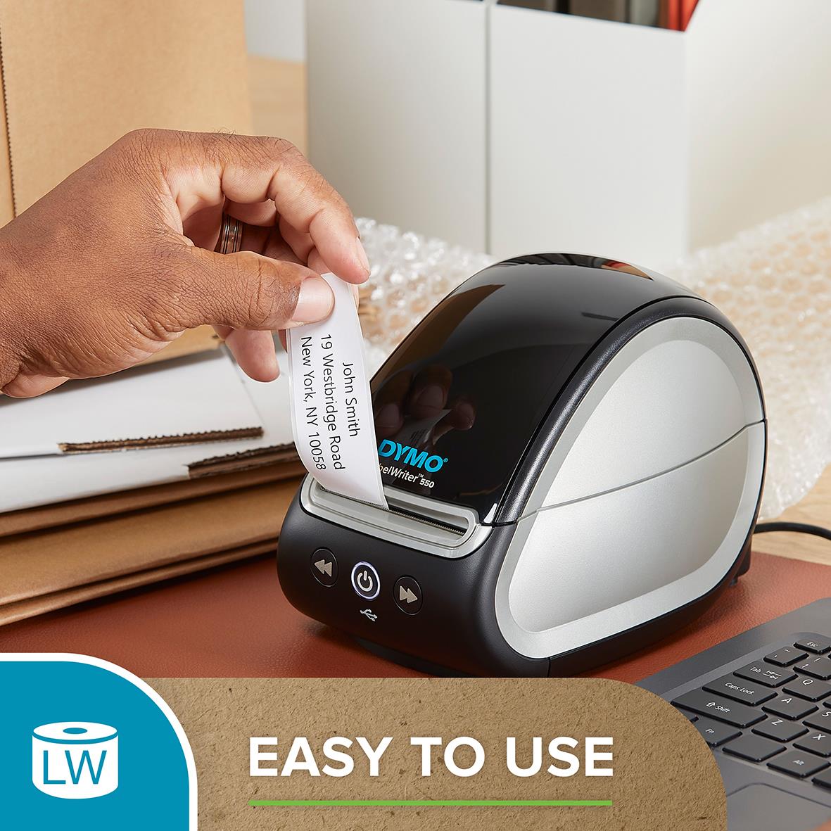 Dymo Labelwriter etikett skrivare som skriver ut vita etiketter 41x89mm, användarvänlig och enkel att använda