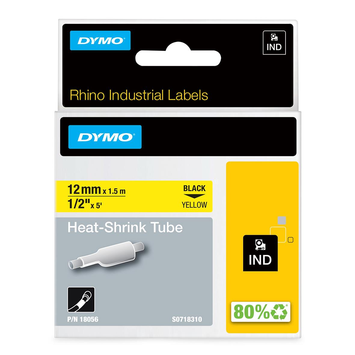 Krympslang Dymo Rhino 12mm svart/gul, 1,5m, värmetålig, för märkning