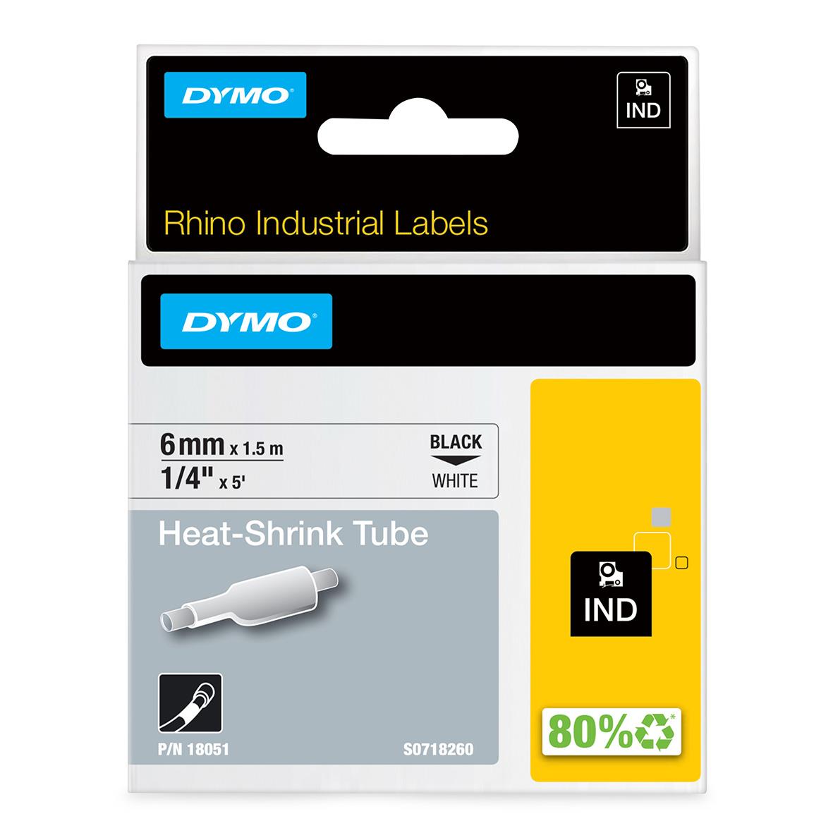 Krympslang Dymo Rhino 6mm svart/vit, 1,5m, värmesmältningsbar, industriell etikett
