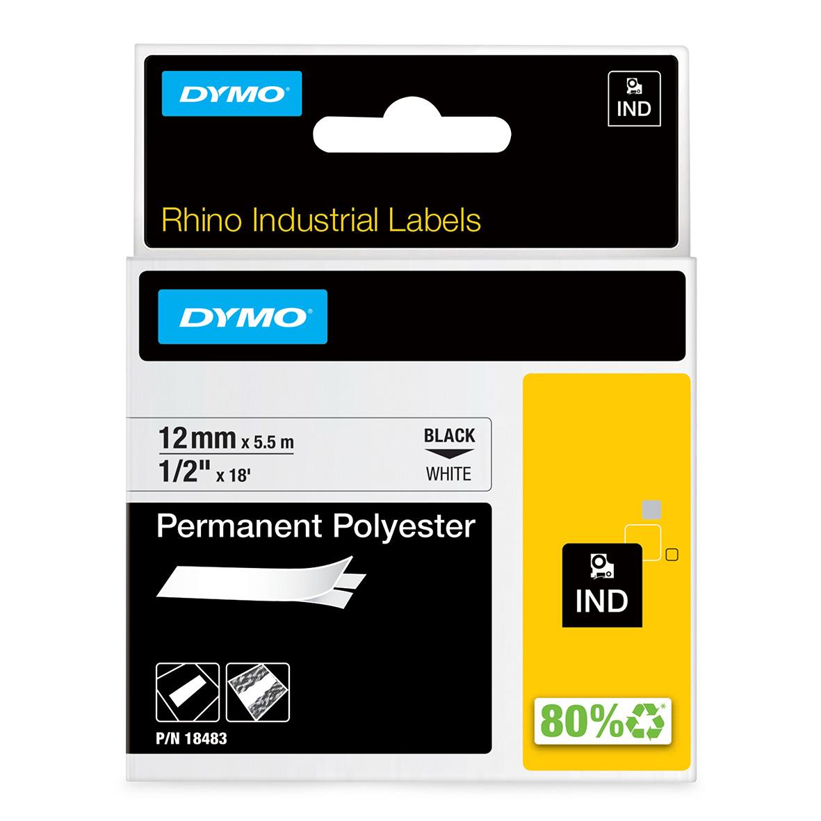 Märkband Dymo Rhino Polyester Permanent 12mm Svart/Vit 5,5m för märkning och etiketter