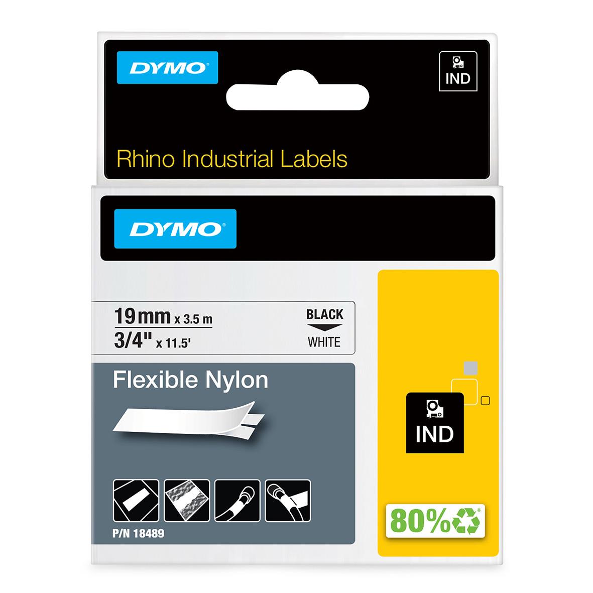 Märkband Dymo Rhino Nylon Flexibel 19mm svart/vit 3,5m