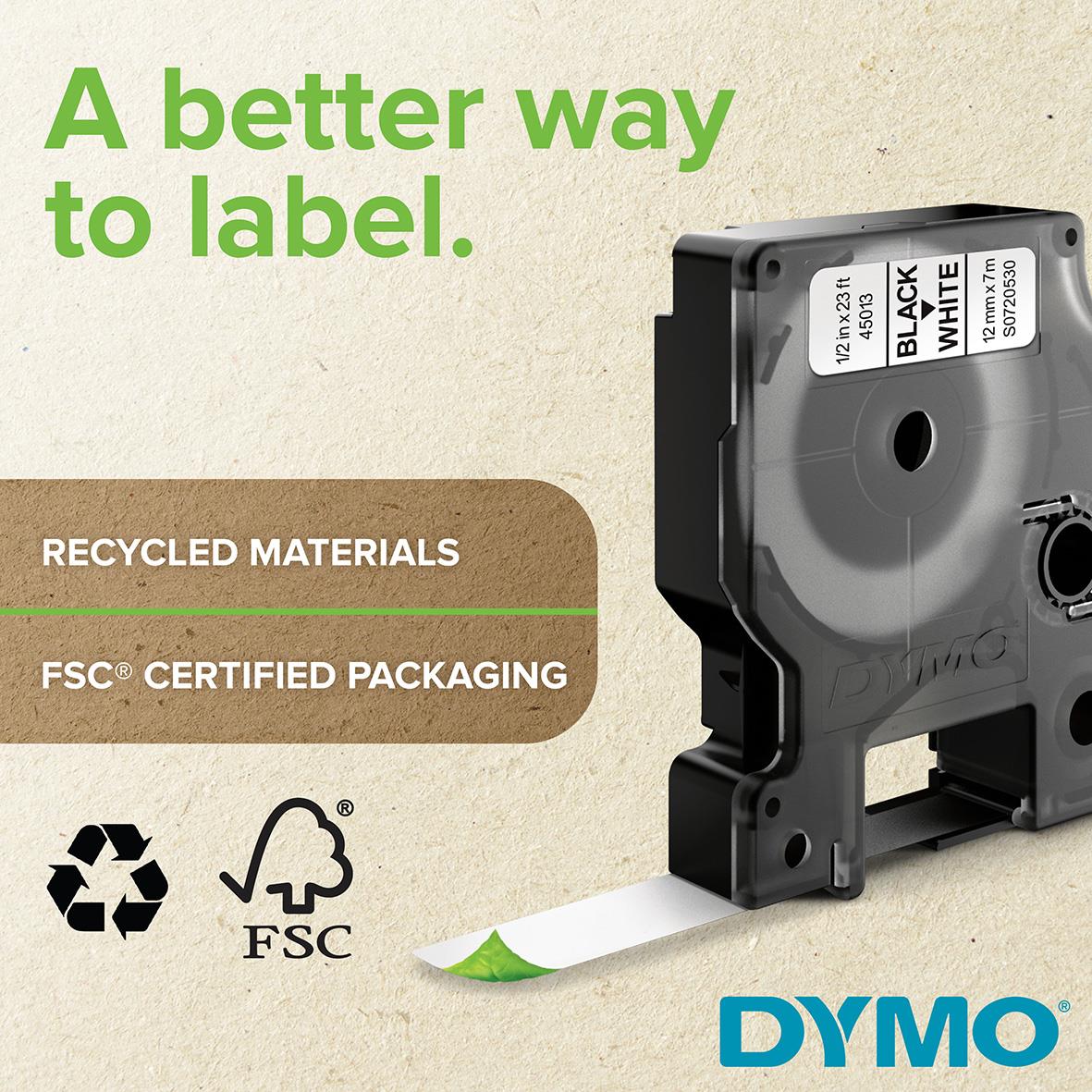 Dymo Rhino vinylmärksband 9mm svart/vit 5,5m, miljövänligt och FSC-certifierat, för märkning