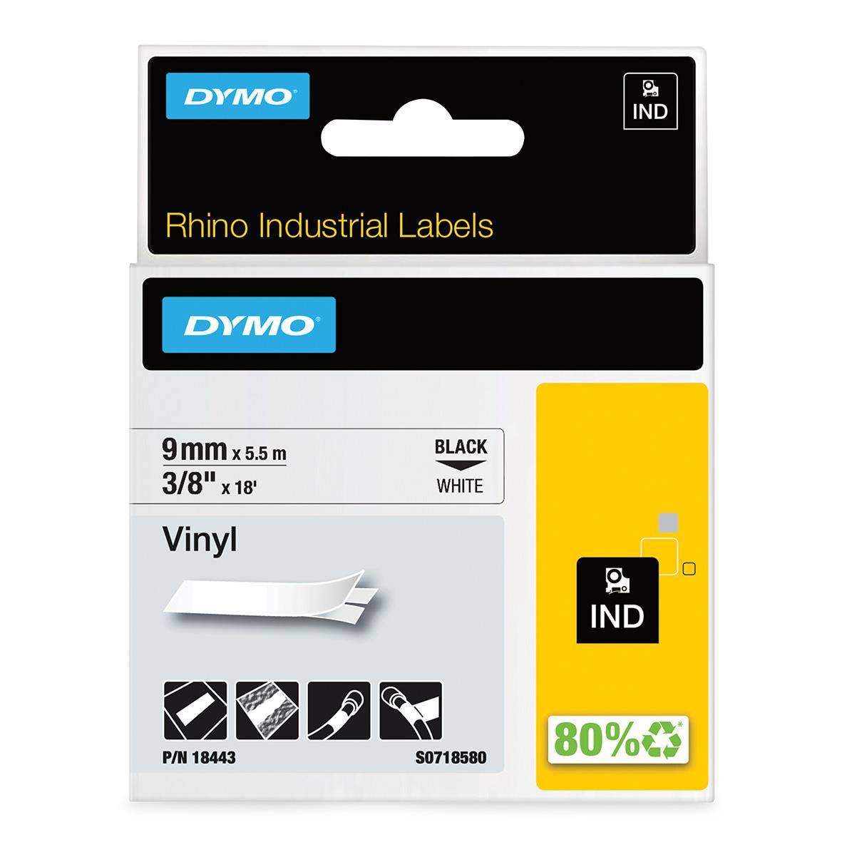 Märkband Dymo Rhino Vinyl 9mm svart/vit, 5,5m, för industriell märkning