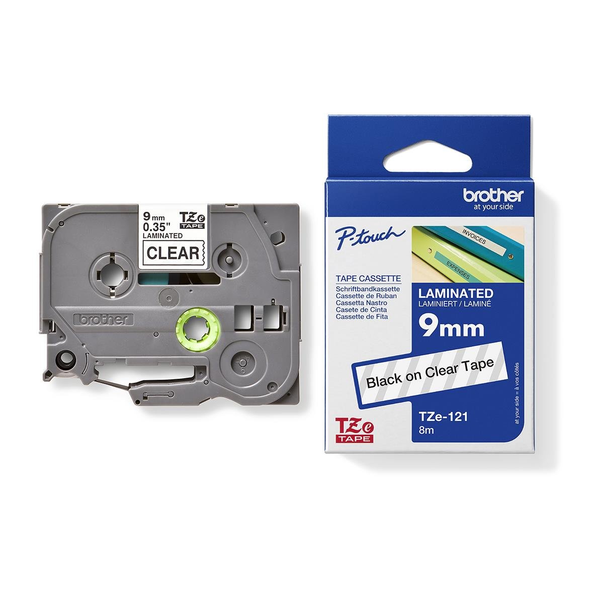 Märkband Brother 9mm TZe-121 Svart/Klar 8m, självhäftande etikettband