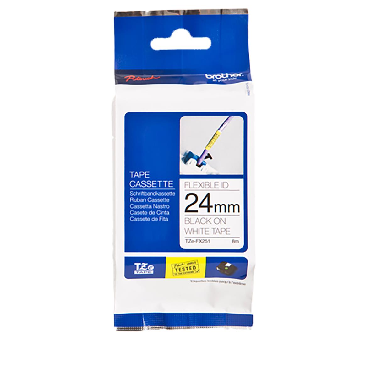 Flexibelt ID-tejp för märkning, 24mm brett, svart på vit tape, i förpackning med Brother branding