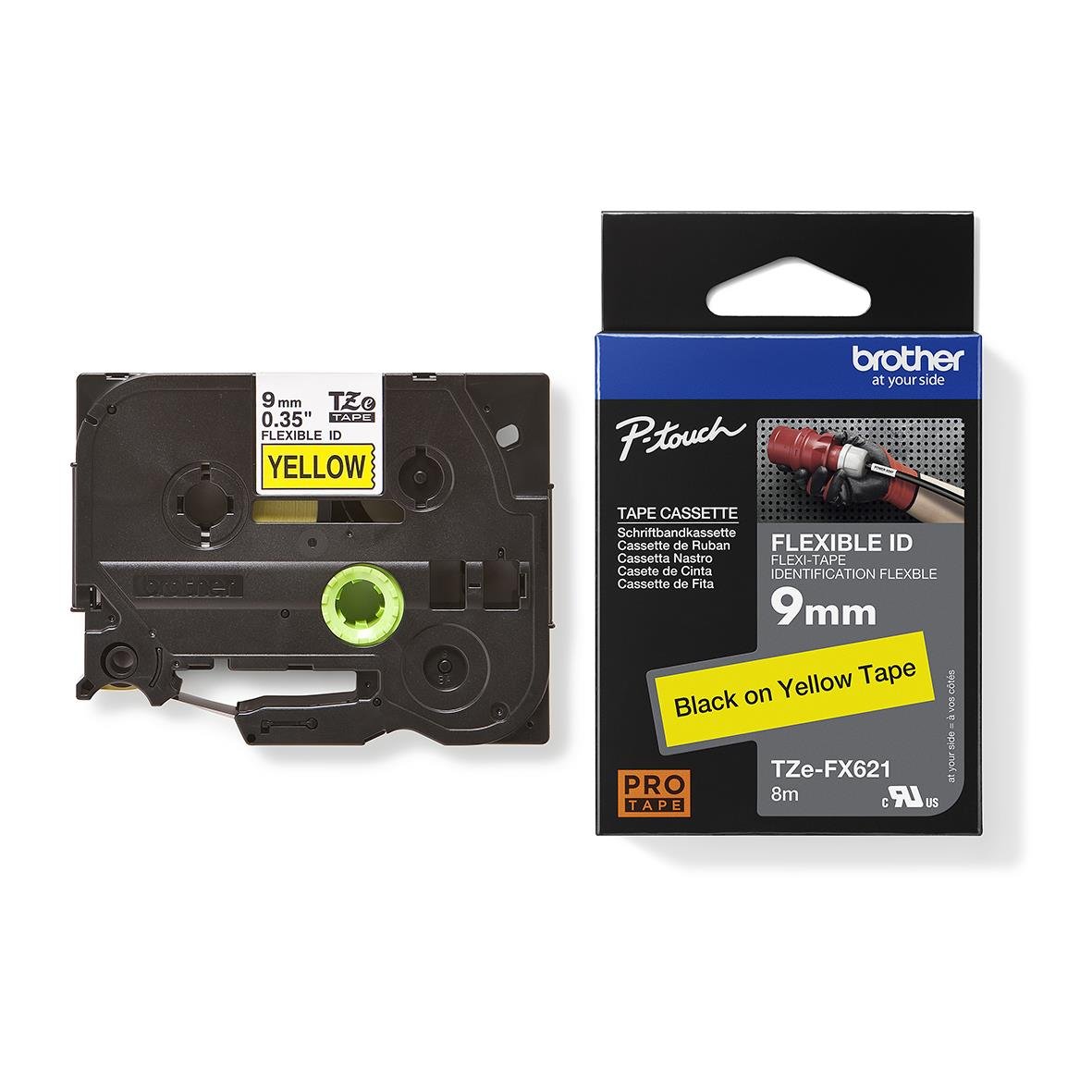 Flexibel ID-tape i svart och gult för Brother Tze-FX621, 9mm bredd