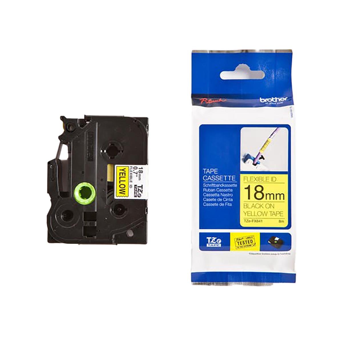 Märkband Brother TZe-FX641 svart/gul, 18mm bredt, flexibelt ID-band i förpackning