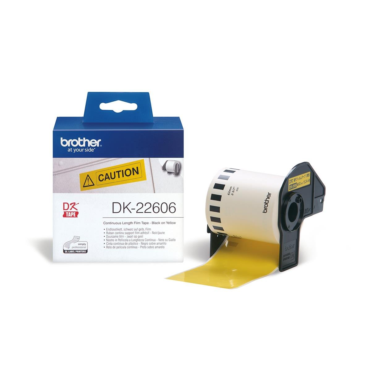 Gul etikett Brother Löpande plastfilm 62mm x 15,24m med skrivare