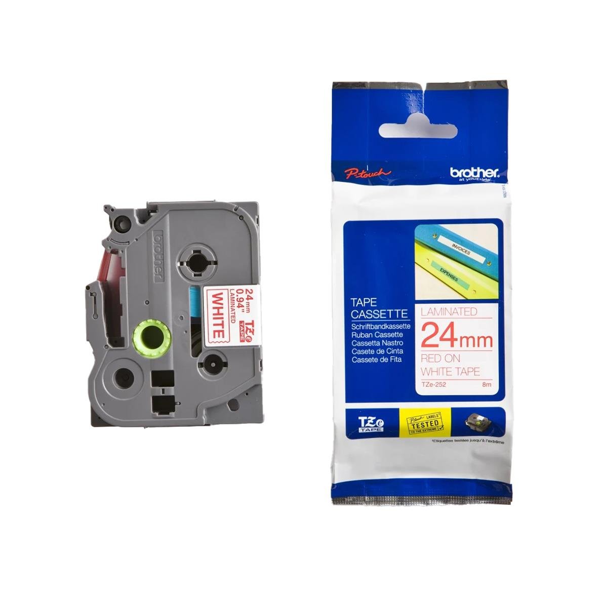 Röd/vit märkband Brother 24mm TZe-252 i förpackning