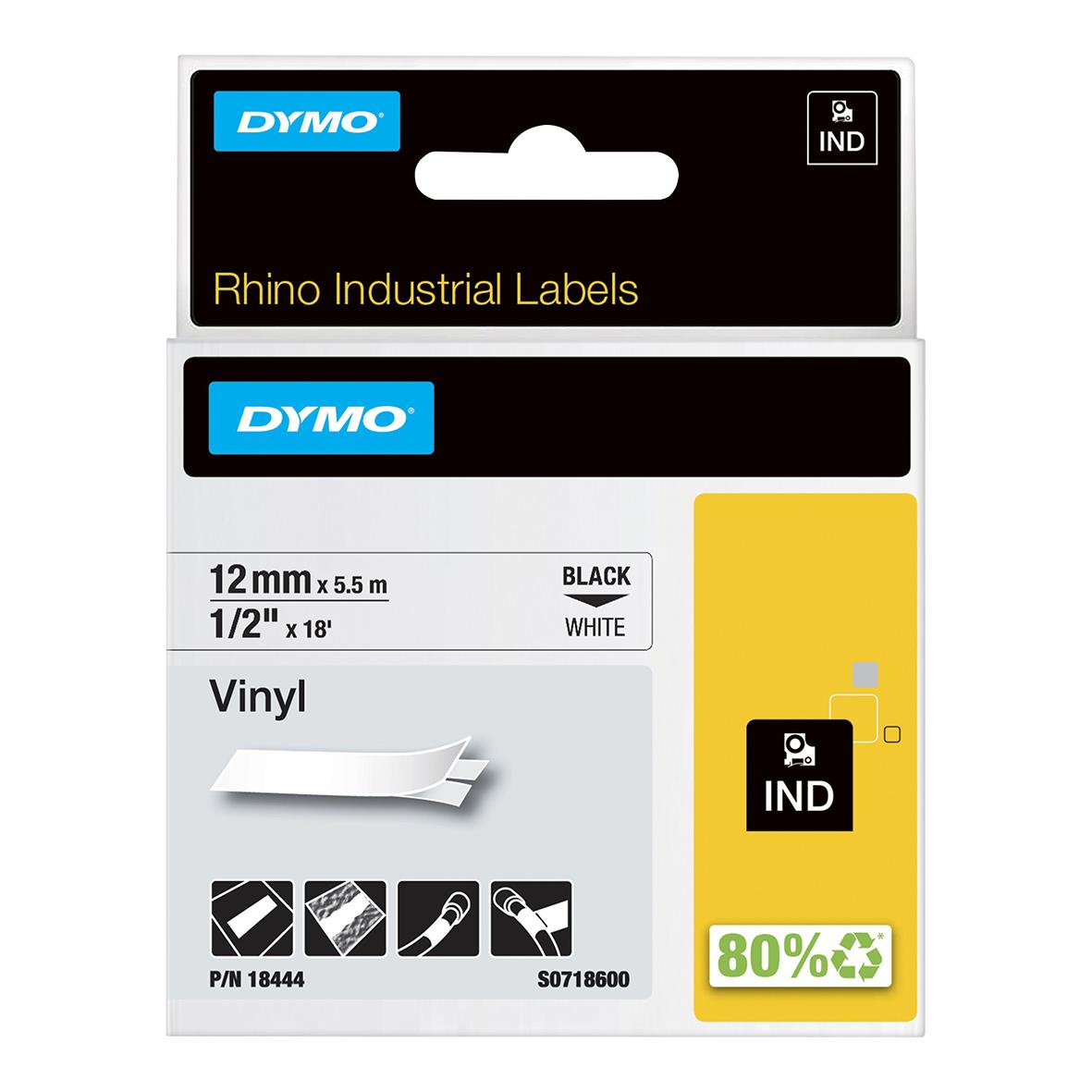 Dymo vinylmärksband 12mm svart/vit, 5,5m, för industriell användning