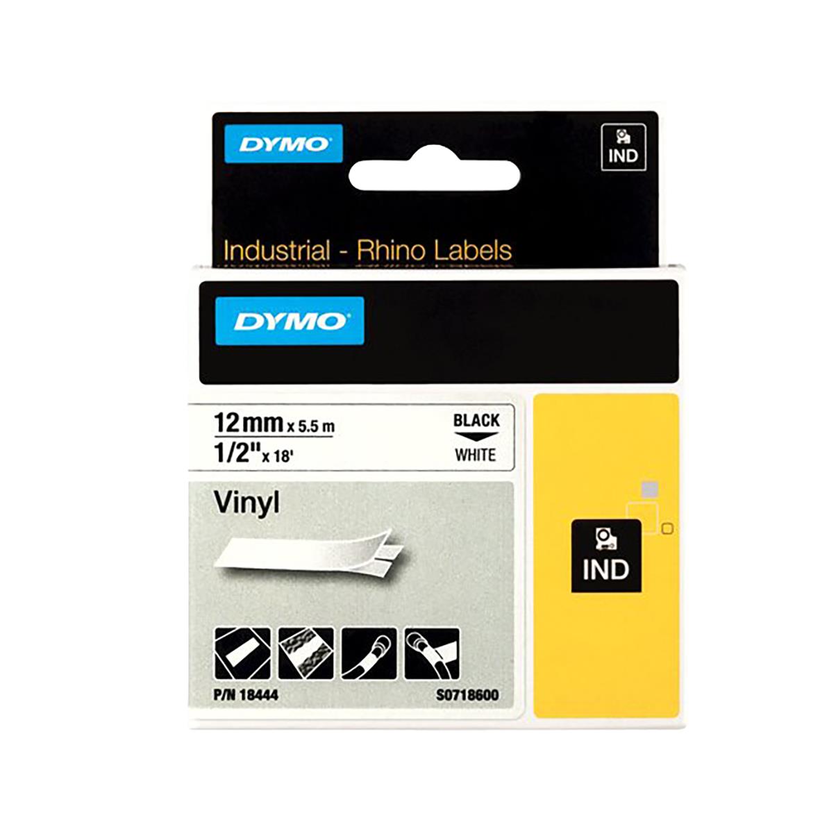 Märkband Dymo Vinyl 12mm svart/vit 5,5m för märkning och etikettering