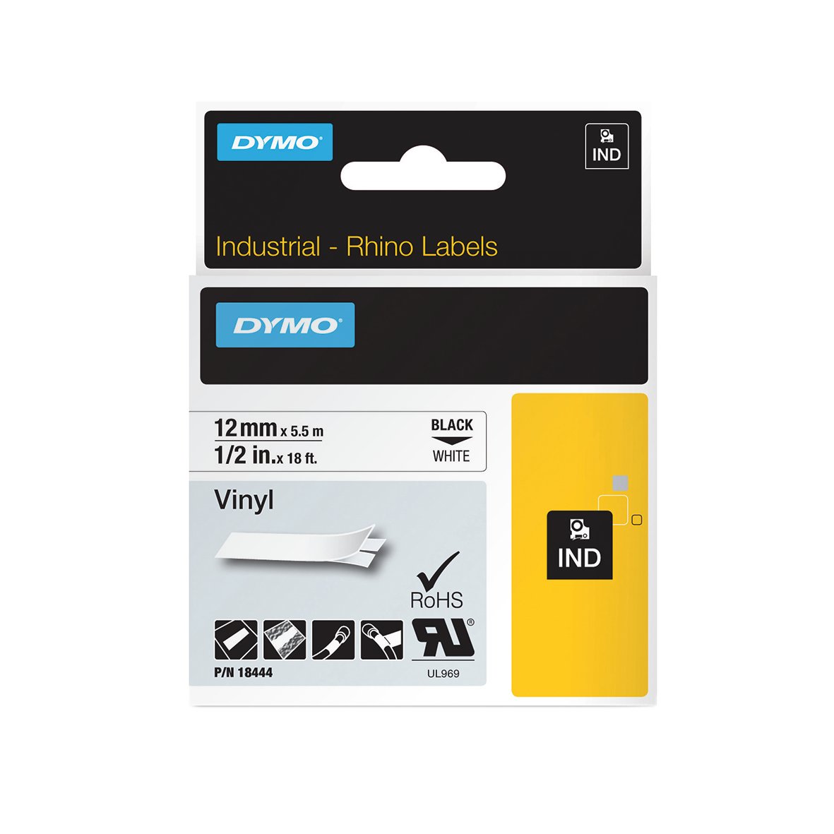 Dymo vinylmärkbandsrulle 12mm svart/vit, 5,5m, för industriella etiketter