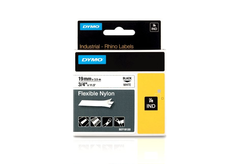 Dymo nylon märkband 19mm svart/vit, 3,5m, flexibelt för märkning